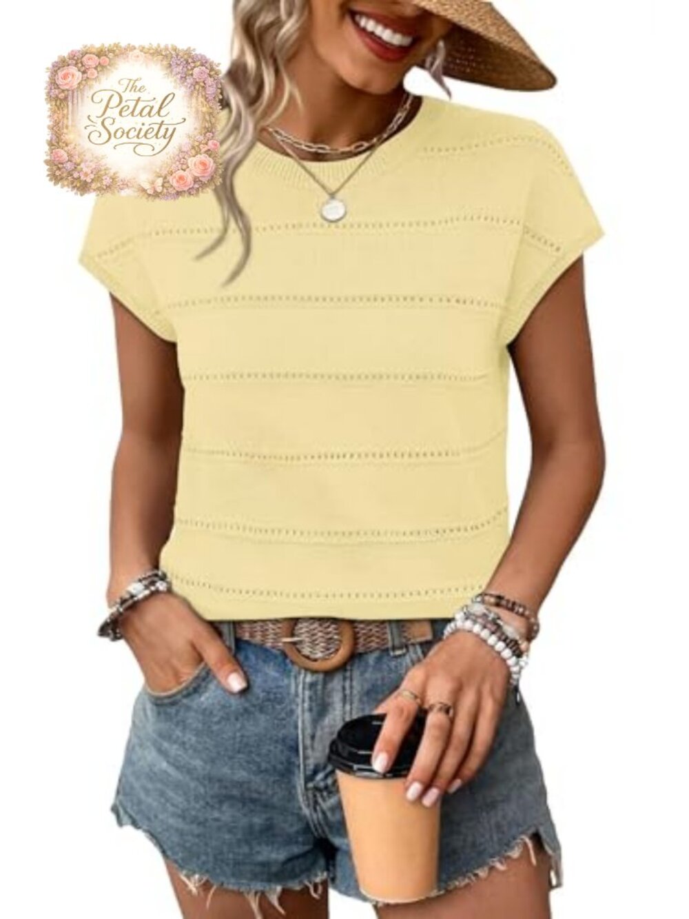 Women's Lightweight Knit Eyelet Stripe Cap Sleeve Scoop Neck Top